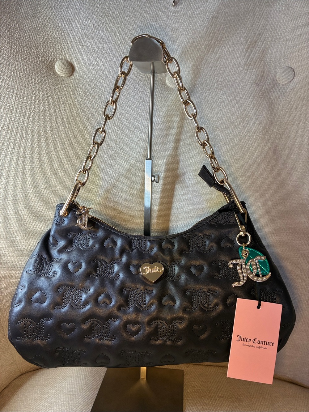 Juicy Couture Brown Quilted Heart-Embossed Shoulder Bag with Chain Strap
